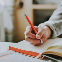 Hand mit rotem Stift schreibt in ein Notizbuch.